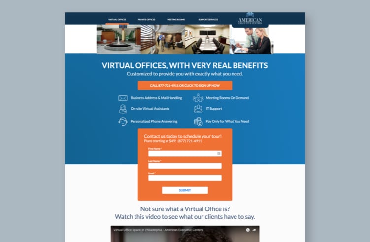 A long-form landing page example from American Executive Centers