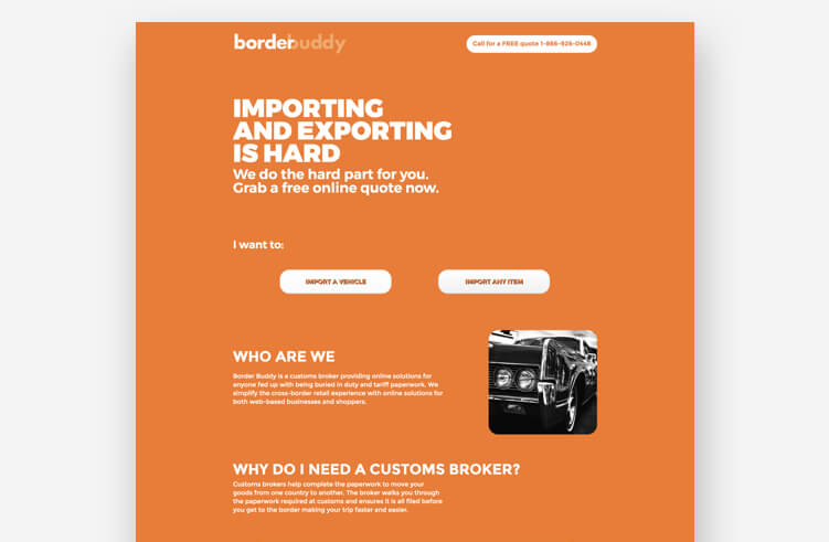 Border Buddy good landing page example