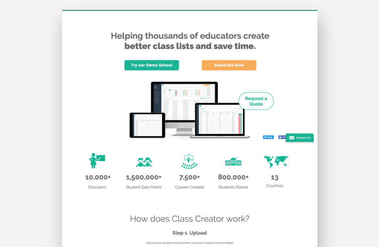 Class Creator best landing page example