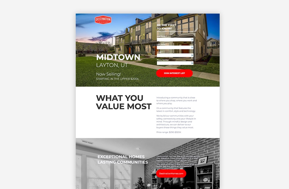 Real Estate Landing Page Examples - Destination Homes