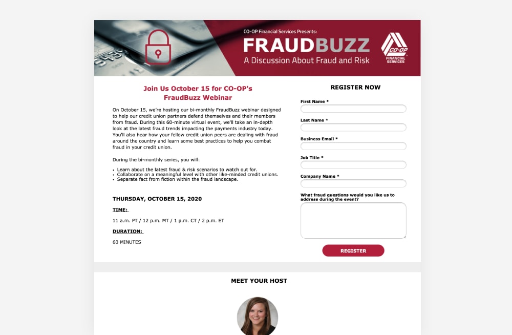 Event Landing Page Examples - Fraud Buzz