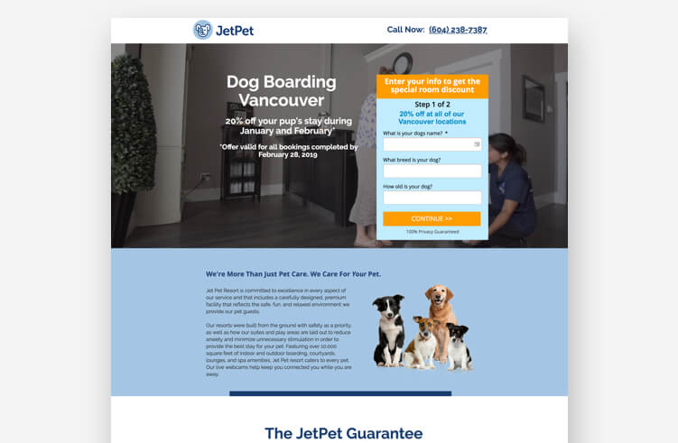 Jet Pet great landing page example