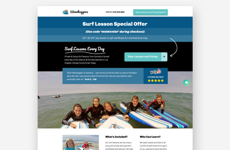 Wavehuggers landing page example