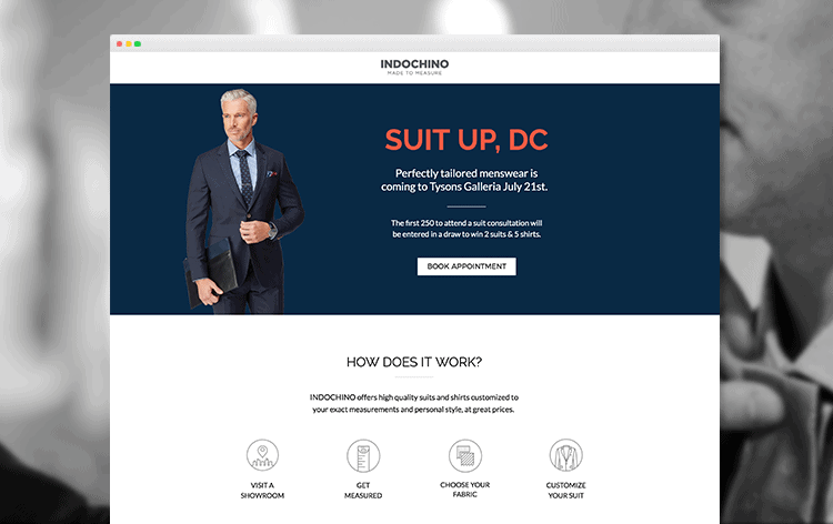 Indochino's DC showroom landing page example