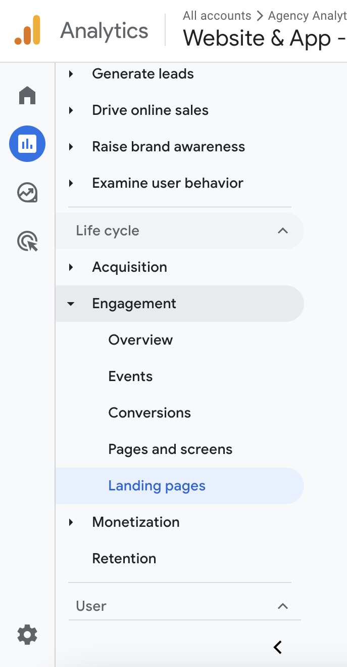 Screenshot of Google Analytics 4 menu