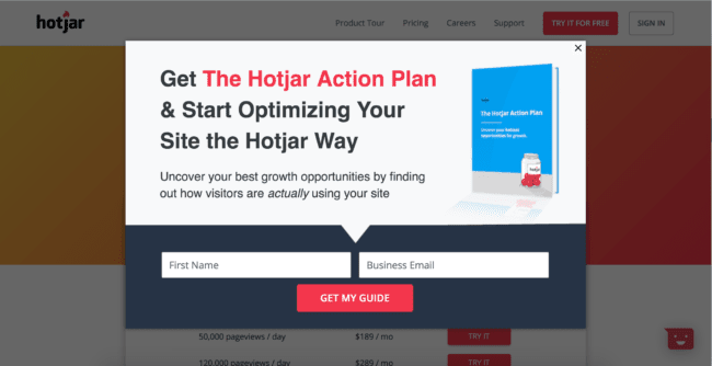 Hotjar Pricing Page Popup Overlay